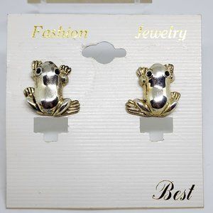 Vintage BEST Silver FROG Toad Black Rhinestone Eyes Pierced Earrings NOC NOS